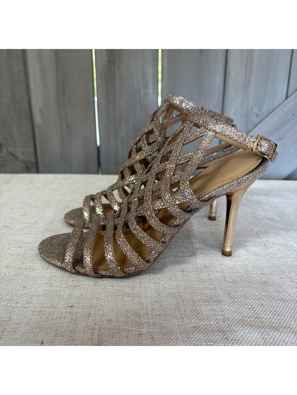 Sparkly Michael Kors Trinity 3 1/2" high rose gold heels glam & chic size 6 1/2M